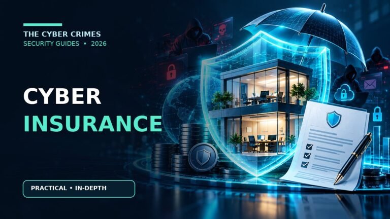 Small Business Cyber Insurance: Coverage, Costs, Exclusions and Buying Guide — cybersecurity guide illustration in the navy and cyan The Cyber Crimes visual style