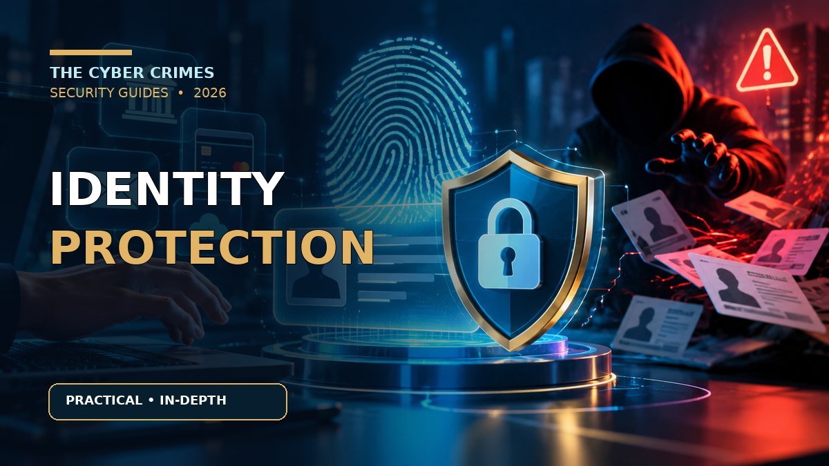 Identity Theft Protection Services: Features, Limitations and How to Compare Plans — cybersecurity guide illustration in the navy and cyan The Cyber Crimes visual style