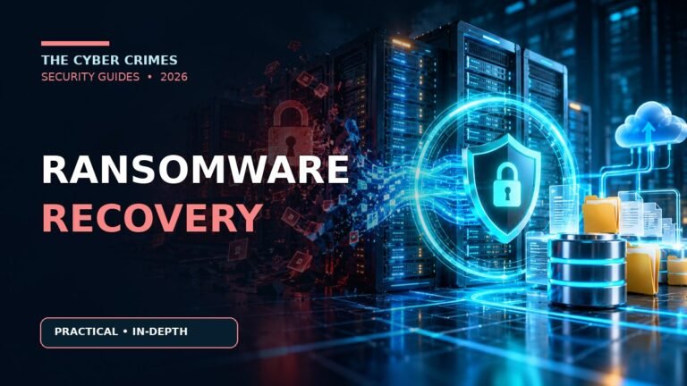 Ransomware Recovery Costs: Downtime, Backups, Insurance and Business Planning — cybersecurity guide illustration in the navy and cyan The Cyber Crimes visual style