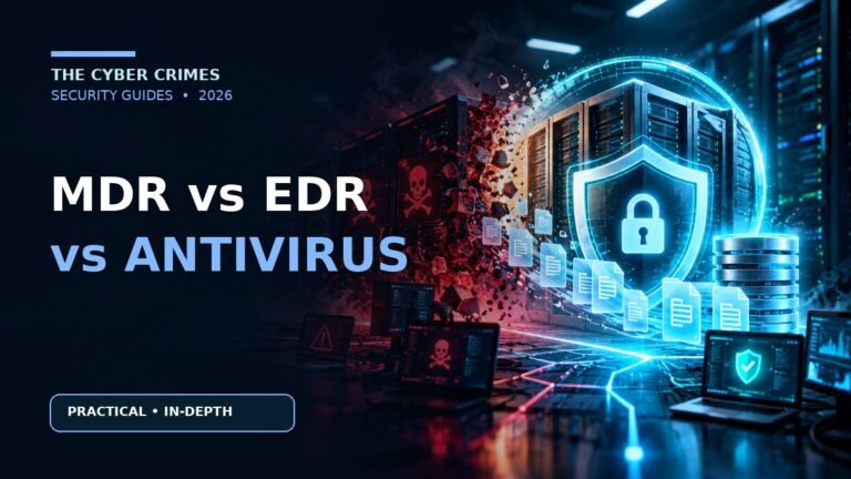 MDR vs EDR vs Antivirus: Security Software Comparison for Small Businesses — cybersecurity guide illustration in the navy and cyan The Cyber Crimes visual style