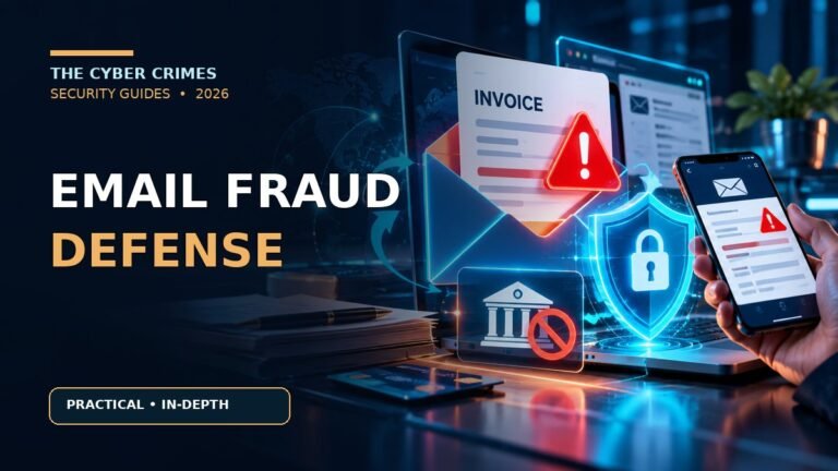 Business Email Compromise Prevention: Email Security, DMARC and Payment Controls — cybersecurity guide illustration in the navy and cyan The Cyber Crimes visual style
