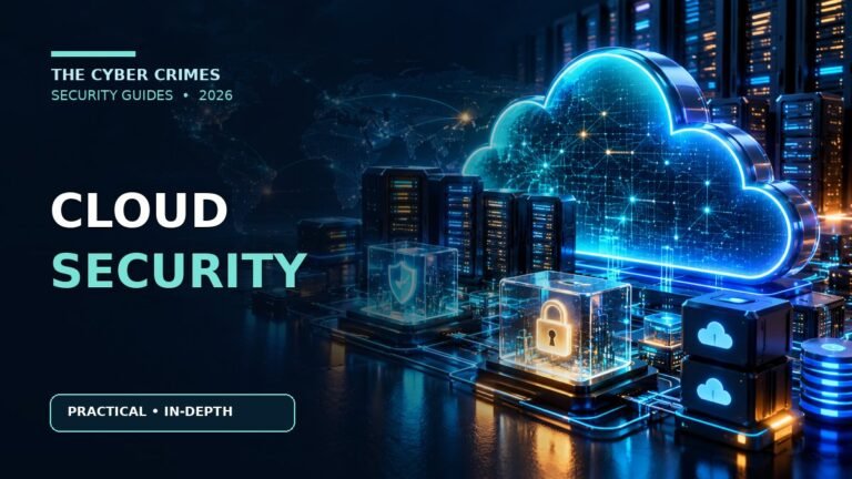 Cloud Security for Small Businesses: Shared Responsibility, Backups and Access Controls — cybersecurity guide illustration in the navy and cyan The Cyber Crimes visual style