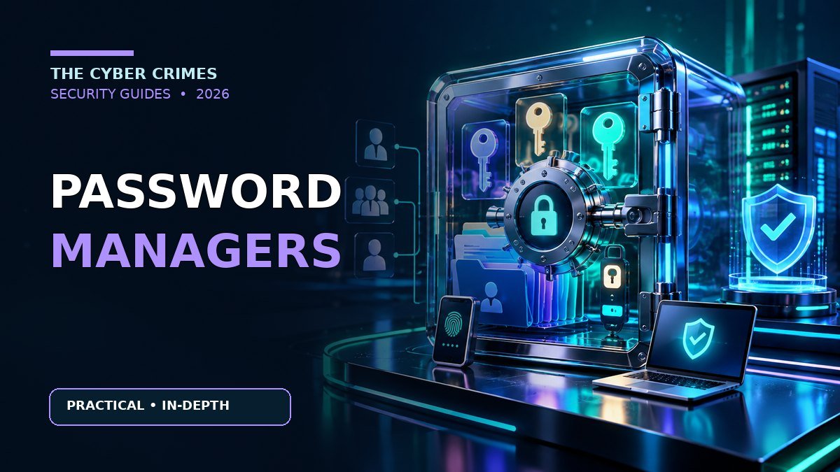 Business Password Managers: Features, Security, SSO and Team Pricing Factors — cybersecurity guide illustration in the navy and cyan The Cyber Crimes visual style