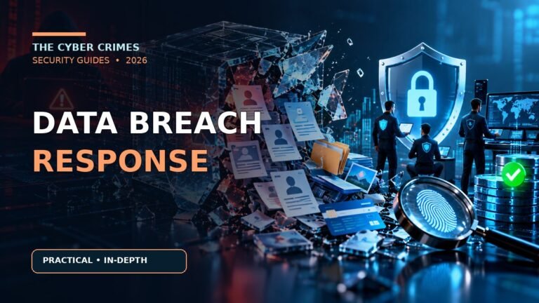 Data Breach Response Plan: Practical Checklist, Notification and Recovery Steps — cybersecurity guide illustration in the navy and cyan The Cyber Crimes visual style